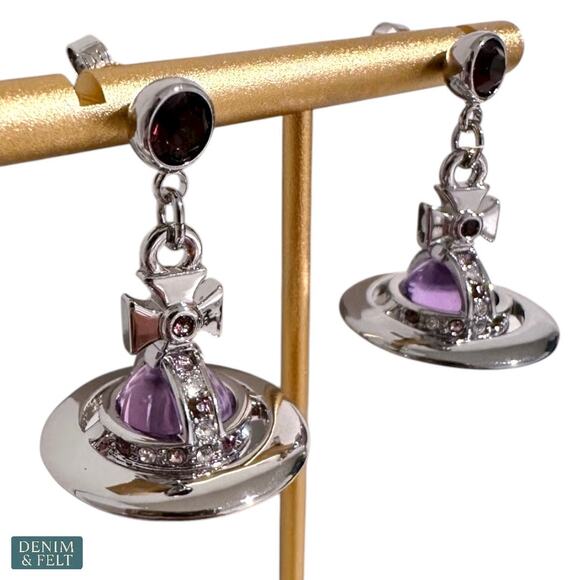 Vivienne Westwood Mayfair Orb Drop Earrings Silver Lilac Crystal Set NEW - Picture 1 of 10